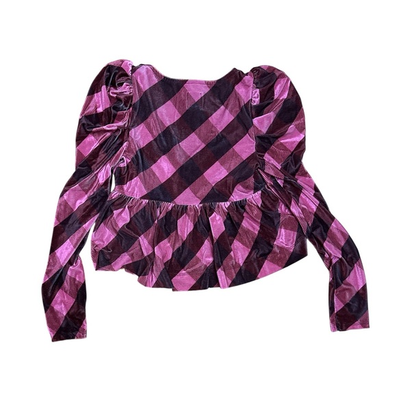 Maeve Checkered Puff Sleeve Velvet Blouse in Pink and Brown - Picture 5 of 8